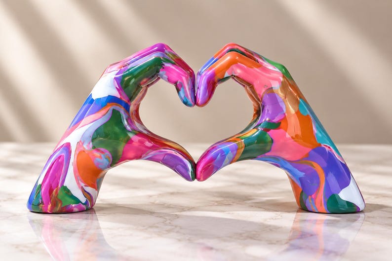 May include: A decorative sculpture featuring two hands joined together to form a heart shape. The surface is finished with a vibrant, multi-colored marbled pattern including shades of bright pink, orange, purple, green, and white swirls.