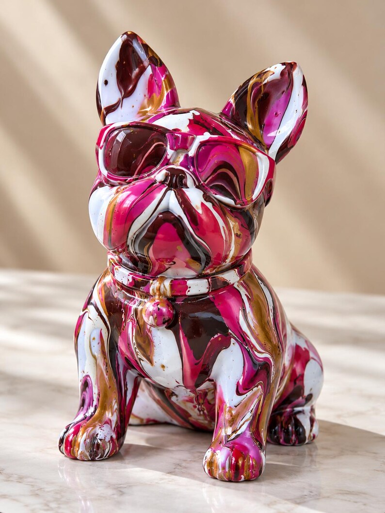 May include: A French bulldog figurine featuring a vibrant hydro-dipped paint pattern in shades of magenta, white, black, and gold. The dog is wearing sculpted sunglasses and a collar with a small round charm, all finished in a glossy sheen.