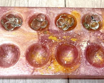 Large Pink Gold Marbleized Resin Mancala Set • Handmade Game Board with Gold Flakes