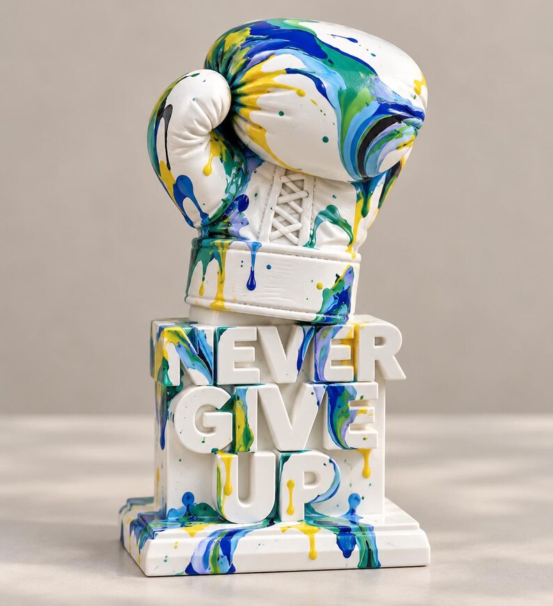 May include: A white boxing glove sculpture featuring blue, green, and yellow paint drip patterns. The glove rests on a rectangular base with the raised white text NEVER GIVE UP, also accented with blue, green, and yellow paint drips.