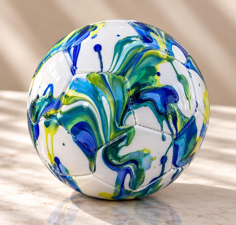 May include: A soccer ball featuring a white base with a vibrant, marbled paint design in shades of blue, teal, and yellow. The surface displays fluid, swirling patterns of color that drip across the panels, creating a dynamic and colorful appearance.