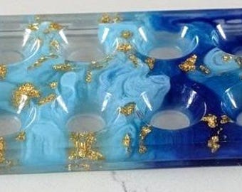Custom Resin Mancala Board | Blue Swirls, Gold Flakes, Modern Game Set