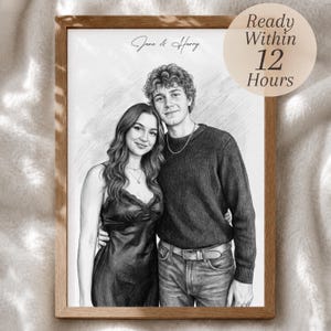 May include: A framed charcoal-style pencil sketch of a couple. The woman wears a lace-trimmed camisole dress and the man wears a long-sleeved sweater and jeans. The text "Jane & Harry" appears at the top, with a circular badge stating "Ready Within 12 Hours".