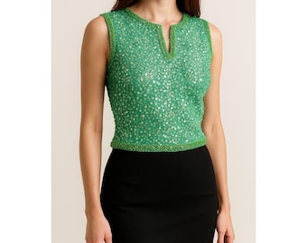 Top de lana con cuentas estilo años 60 de Hong Kong para mujer, talla pequeña, verde, con lentejuelas, ideal para fiestas y cócteles.