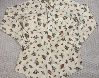 Camisa vaquera vintage Dee Cee para hombre, talla 15.5, con estampado floral, dientes de sierra y botones de perlas, estilo vaquero, rodeo y granja.