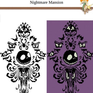 May include: Black and white illustration of the Haunted Mansion logo from Disney's Haunted Mansion attraction. The logo features a skull with a mischievous grin, surrounded by bats, ghosts, and a spider. The logo is set against a purple background.