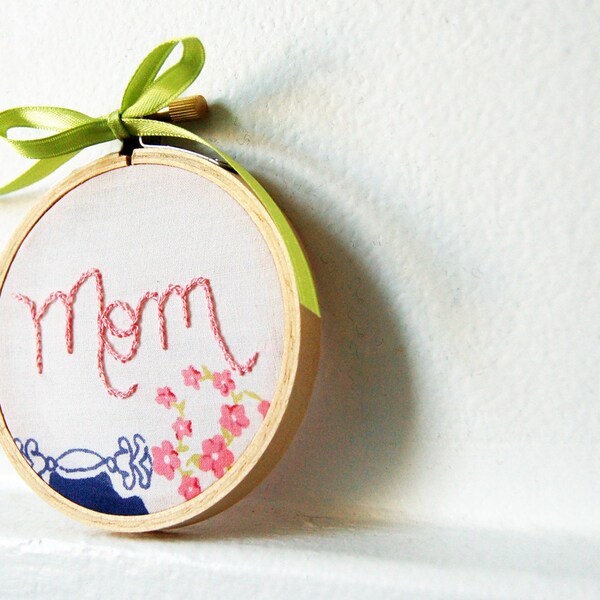 Mom. Mother's Day, Hand Embroidery in 3 inch Hoop. Vintage Floral Hanky. Handmade by merriweathercouncil on Etsy