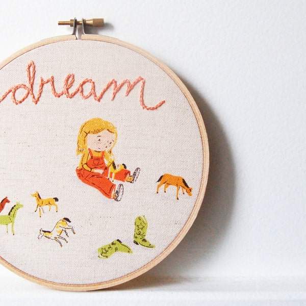 Hand Embroidered Hoop Wall Art. Dream. Little Girl Playing with Horses. Shades of Orange on Linen. by merriweathercouncil on Etsy.