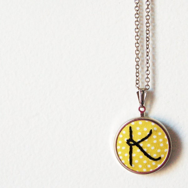 Embroidered Initial Necklace with Any Letter. On Printed Polka Dot Fabric. by merriweathercouncil on Etsy