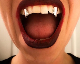 2x Vampire Style Fangs Canines (Any Teeth) Caps– Custom Made Gold & Silver Grillz | Personalized Grillz Sets FREE Mold Kit + Free Shipping!