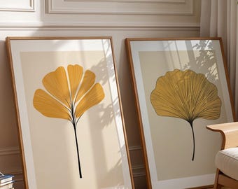 Ginkgo Wall Art Set of 2, Minimalist Botanical Prints, Modern Leaf Decor, Scandinavian Digital Download, Neutral Nature Posters