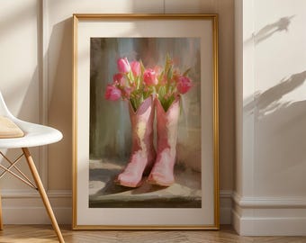 Boho Country Home Decor, Pink Cowboy Boots Wall Art, Floral Western Print, Feminine Poster, Cowgirl Room Aesthetic, Digital Download