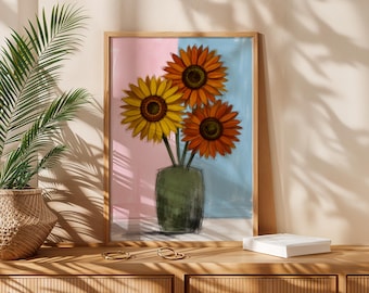 Sunflower Wall Art Digital Download, Yellow Flower Sketch, Abstract Floral Poster Pink Blue, Modern Botanical Print, Instant Download Art