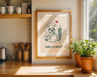 Funny Kebab Poster, Retro Kitchen Wall Art, German Quote Print, Cooking Humor Decor, Restaurant Art, Gift for Chef, Digital Download Print