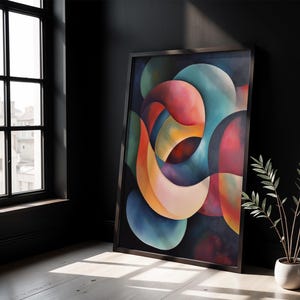 Abstrakter Kunstdruck mit fließenden Formen in Blau, Gelb & Rot, moderne Wandkunst für stilvolle Räume und kreative Köpfe