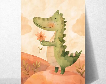Watercolor crocodile poster for children's rooms – lovingly illustrated jungle animal with flower | Animal poster baby room gift