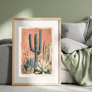 Botanisches Kaktus-Poster - Vintage Wüstenkunst, Sukkulenten Illustration, Wanddeko im Bohr-Stil