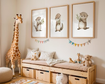 Otter Wall Art Set of 3 | Cute Animal Prints for Kids Room | Digital Download | Scandinavian Playroom Decor | Neutral Animal Poster Set