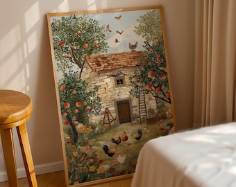 Vintage Farmhouse Wall Art, Country Cottage Print, Vintage Countryside Scene, Rooster and Apple Tree Illustration, Digital Download