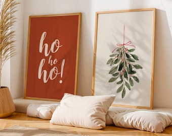 Modern Christmas Wall Art Set • HO HO HO Print & Mistletoe Poster • Holiday Printable Decor • Scandinavian Xmas Prints • Digital Download