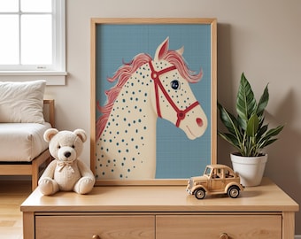Pink Horse Wall Art, Kids Room Printable, Hobby Horse Poster, Girl Room Print, Scandinavian Animal Illustration, Digital Download