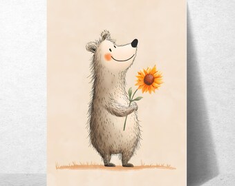 Cute bear poster with sunflower – forest animal art print for the nursery, hand-painted in watercolor style