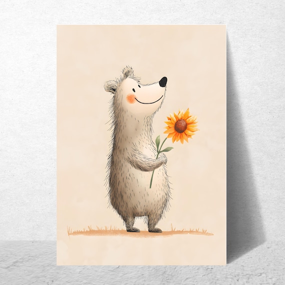 Niedliches Bärenposter mit Sonnenblume – Waldtier-Kunstdruck fürs Kinderzimmer, handgemalt im Aquarellstil