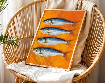 Maritime Fish Poster Orange - Sardines Wall Art - Pop Art Food Print - Mediterranean Home Decor - Fish Market Art Modern Retro Style