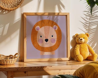Cute Lion Nursery Wall Art, Kids Room Animal Print, Gender Neutral Baby Decor, Safari Nursery Poster, Digital Download Art Print