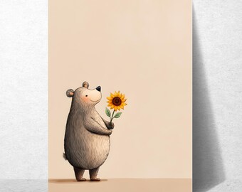 Watercolor bear with sunflower – nursery poster forest animal | wall picture baby room decoration
