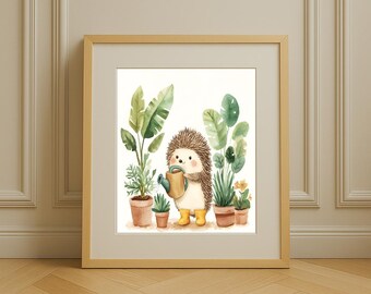 Digital Art Print Hedgehog with Watering Can – Watercolor Poster for Nursery & Baby Room – Cute Animal Wall Art – Instant Download