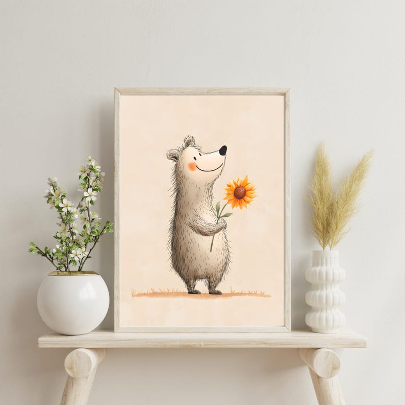 Cute bear poster with sunflower – forest animal art print for the nursery, hand-painted in watercolor style image 2
