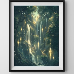 Fantasy Poster Wald mit Hirsch & Wasserfall – Magischer Wald Kunstdruck in grün – Mystisches Naturbild als Wanddeko