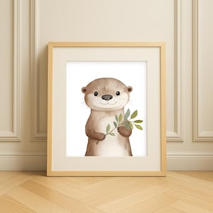 Süßer Otter mit Zweig- Niedlicher Otter Kunstdruck fürs Baby/Kinderzimmer- Waldtierposter