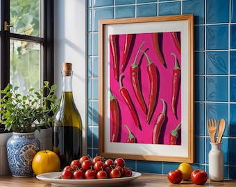 Póster de chile, arte mural para la cocina, lámina de comida picante, decoración de cocina estilo pop art, ilustración de chile rojo picante, descarga digital