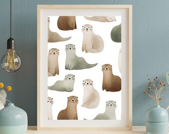 Cute Otter Pattern Print, Scandinavian Animal Wall Art, Minimalist Wildlife Illustration, Digital Download
