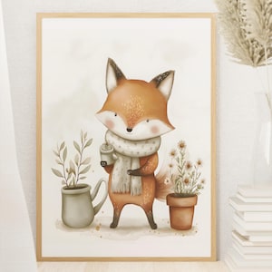 Digitaler Kunstdruck Fuchs mit Schal – Süßes Waldtier Aquarell Poster für Kinderzimmer & Babyzimmer – Herbstliche Wandkunst –Sofort-Download