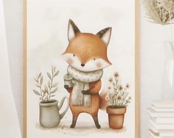 Digital Art Print Fox with Scarf – Cute Forest Animal Watercolor Poster for Nursery & Baby Room – Autumnal Wall Art – Instant Download