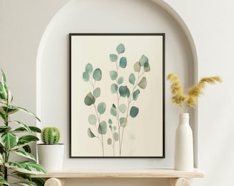 Eucalyptus aquarel poster – Delicate groene wandkunst | Minimalistische natuurdecoratie voor woonkamer, slaapkamer en kantoor
