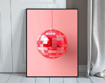 Impresión artística de bola de discoteca rosa en estilo retro, póster divertido para sala de estar, sala de fiestas o habitación de adolescentes.