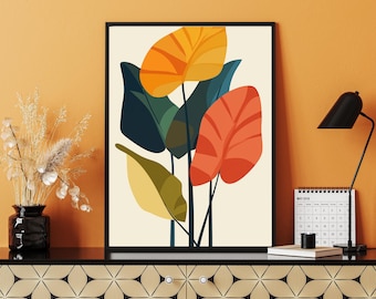 Mid Century Abstract Wall Art, Modern Botanical Print, Colorful Leaf Poster, Retro Plant Art, Earth Tone Home Decor, Digital Download Print
