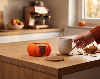 Juego de posavasos de calabaza con soporte / Posavasos de otoño impresos en 3D, juego de 4, decoración de mesa otoñal, regalo para anfitriona
