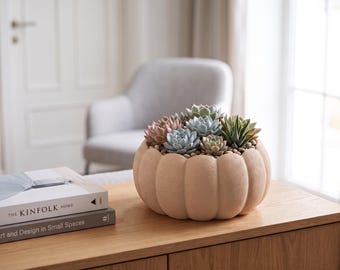 Puede incluir: Una maceta de cerámica beige con forma de calabaza, llena de pequeñas plantas suculentas coloridas y guijarros decorativos. La maceta tiene una superficie acanalada y texturizada, situada sobre una superficie de madera junto a dos libros.