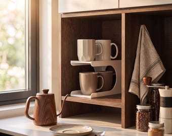 Puede incluir: Una estantería de cocina de madera sostiene cuatro tazas de cerámica en dos niveles. Un hervidor de cuello de cisne de madera, un platillo, una cuchara, un paño colgante y frascos de vidrio con café están sobre la encimera frente al estante.