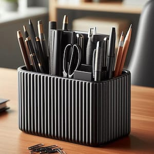 Pode incluir: Um organizador de mesa preto com detalhes verticais canelados, cheio de canetas, lápis, tesouras e outros materiais de escritório. O organizador está em uma mesa de madeira, com alguns clipes em primeiro plano.