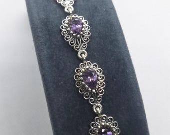 Sterling Silver Filigree Bracelet with Purple Simulated Stones | Elegant Women's Jewelry