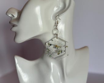 Clear Resin Hexagon Earrings with Dried Flowers
