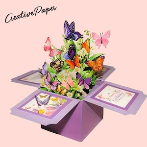 Butterfly Garden Pop-Up Card – 3D Floral Box Card with Colorful Butterflies – Handmade Greeting for Her
