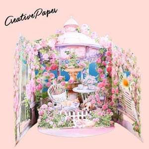 Romantische Garten Pop-Up Karte - 3D Blumen Teeparty mit Katze & Hund - Muttertags-, Geburtstags-, Jubiläumskarte