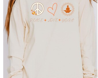 Camiseta unisex de manga larga teñida Peace Love Yoga, camiseta de yoga, camiseta de manga larga de yoga, camiseta de manga larga de yoga, camiseta de entrenamiento, yoga